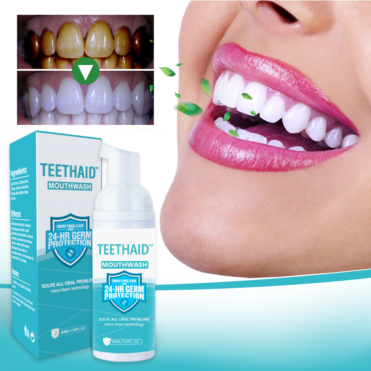 Teethaid™ All Natural Herbal Super Whitening and Restorative Mousse for Teeth and Mouth